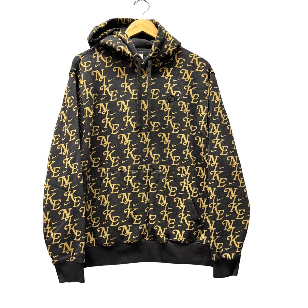 Nike Hoodie Mens Large Black Gold Monogram All Over Logo Print Pullover